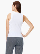 Here's alt text for the image, suitable for visually impaired users:

"White V-neck sleeveless shirt, shown from the back.