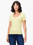 Pale yellow scoop-neck tee with short sleeves.