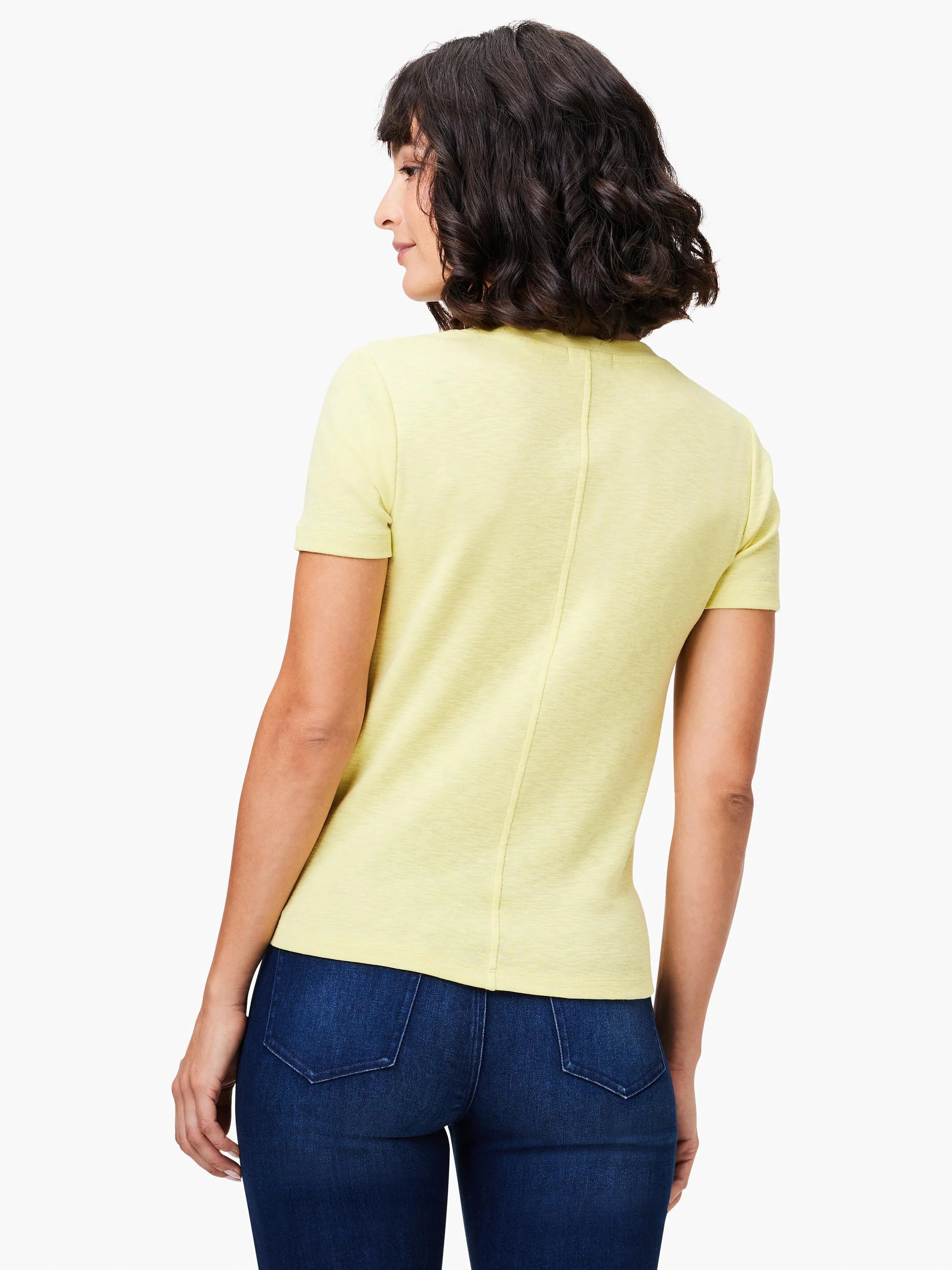 Pale yellow scoop-neck tee with short sleeves, shown from the back.