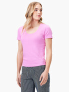 Pink scoop-neck short-sleeve tee.  Slight texture visible.