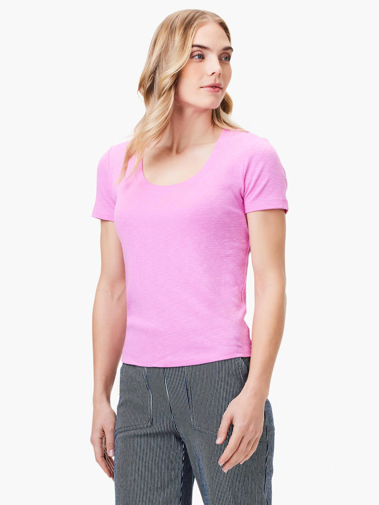 Pink scoop-neck short-sleeve tee.  Slight texture visible.