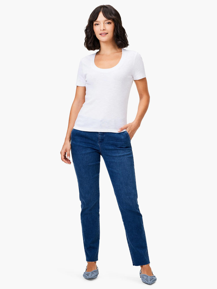 White scoop-neck short-sleeve tee.