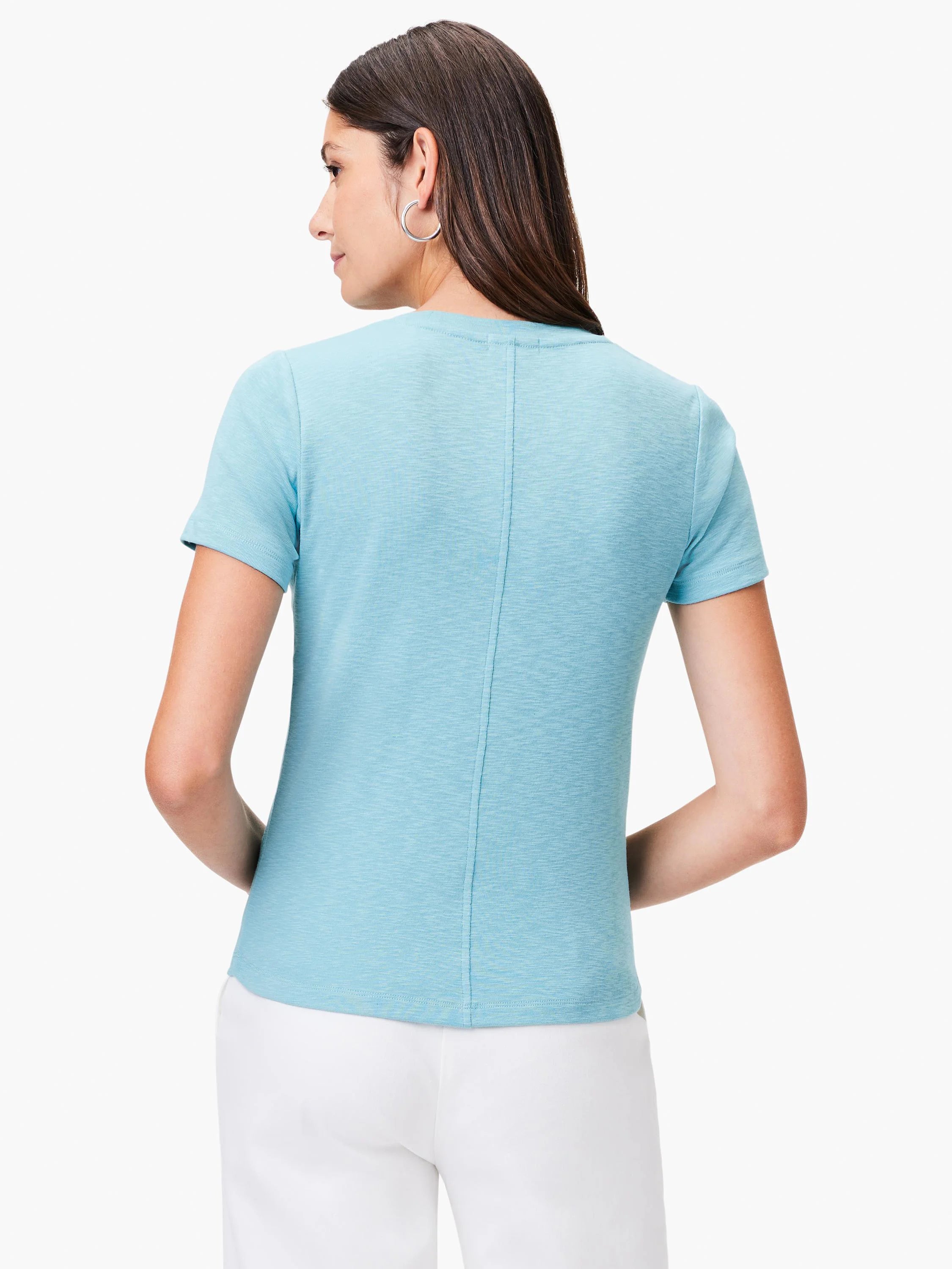 Light blue, short-sleeved scoop neck tee.  Back view shows a center seam.