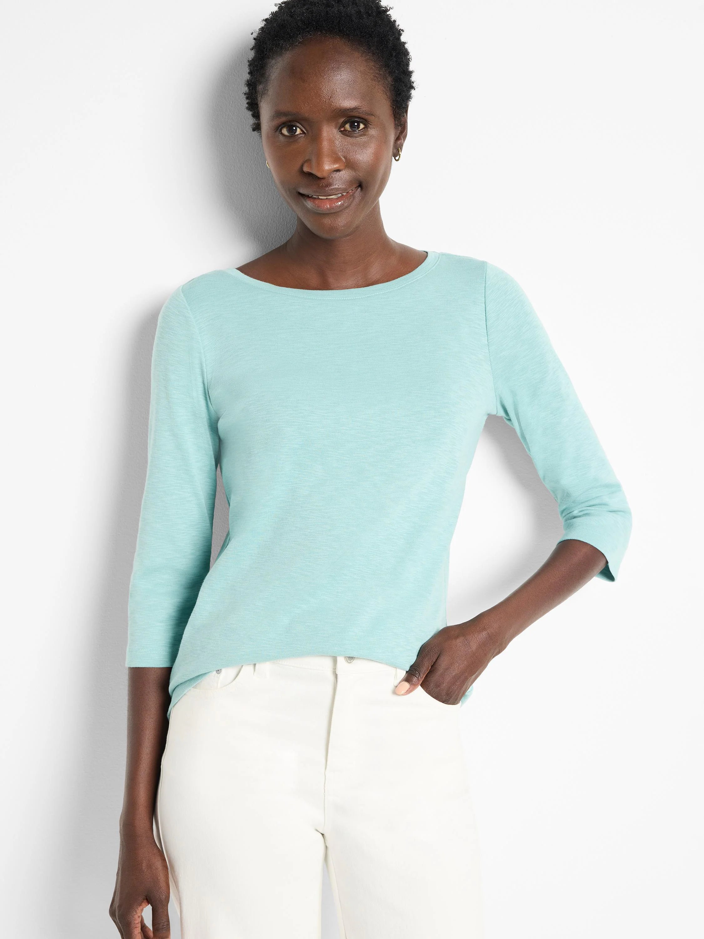 Aqua blue 3/4 sleeve boat neck tee with a subtle heathered texture, shown on a model.