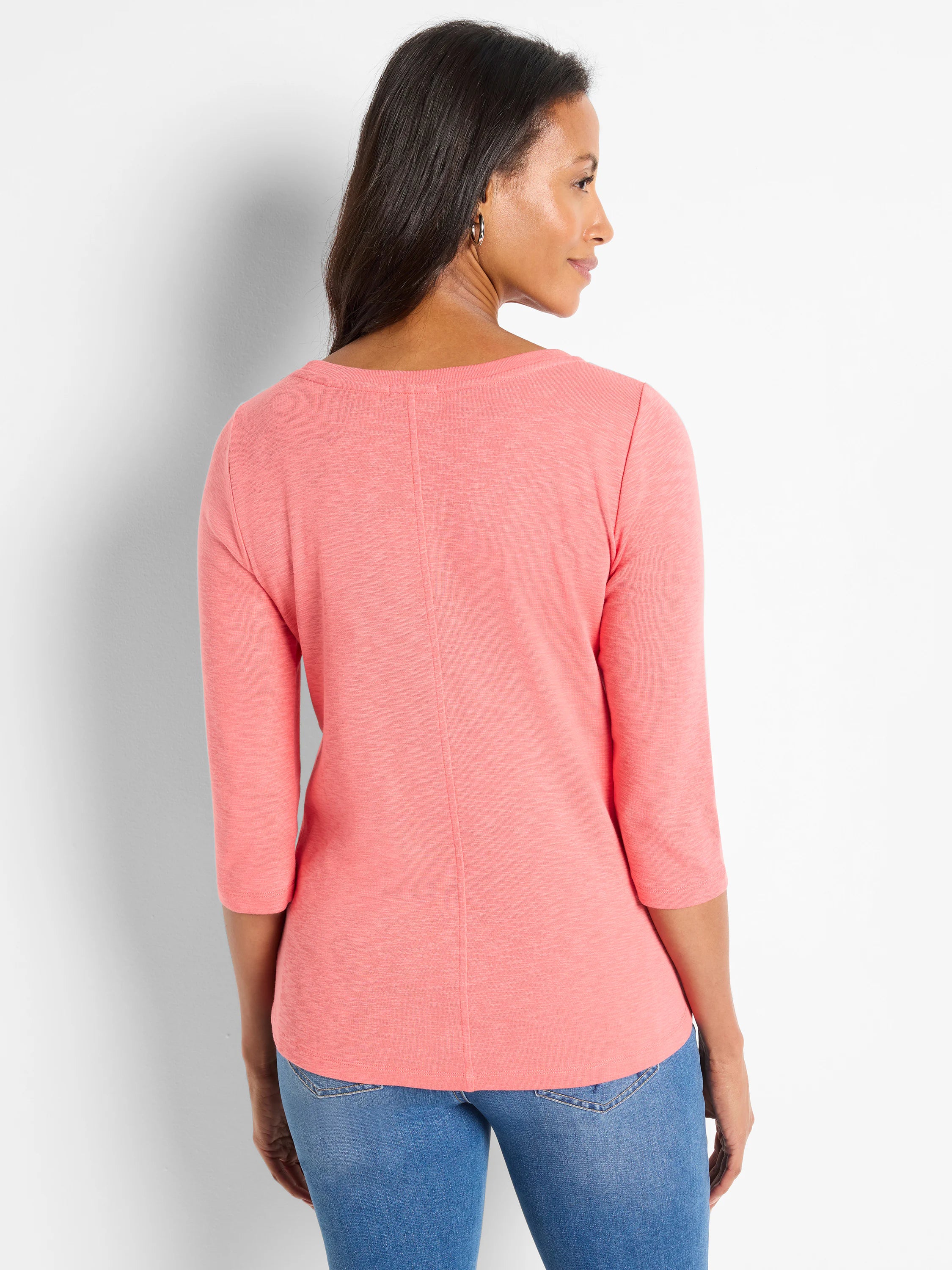 Coral marled boat neck tee with 3/4 sleeves and a visible center back seam.