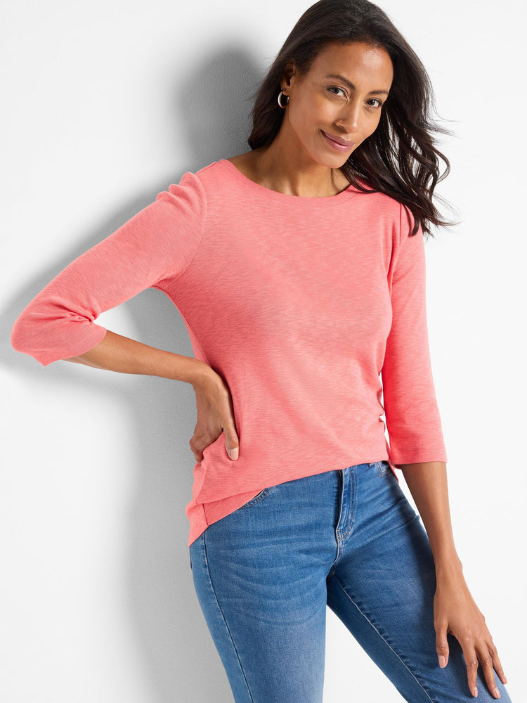 Coral 3/4 sleeve boat neck tee with a subtle heathered texture.