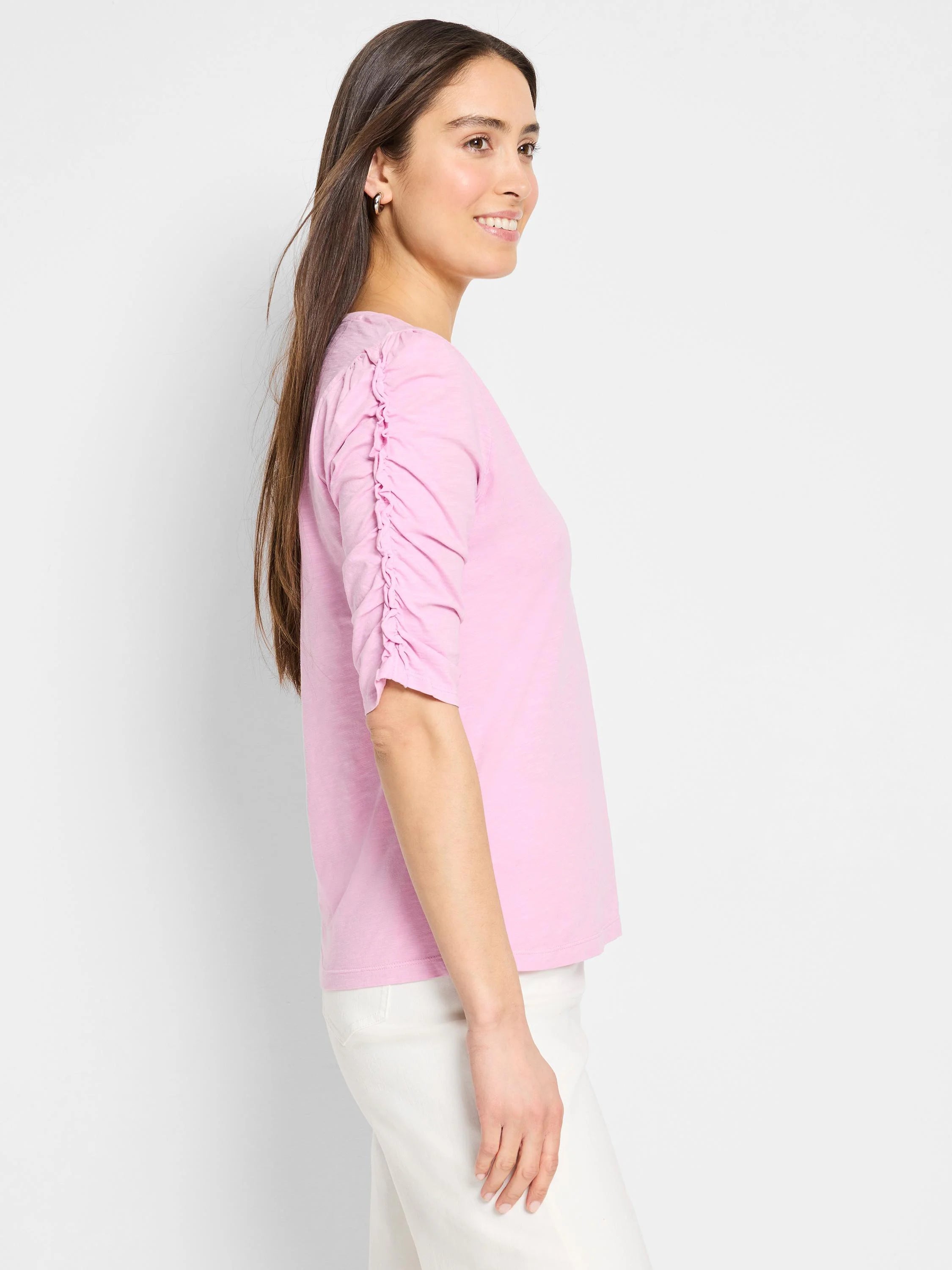 Pink, elbow-length sleeves with ruched detailing, split neckline,  3/4 sleeve.