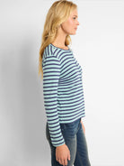 Long-sleeved, teal and navy striped cardigan. Snap front closure.