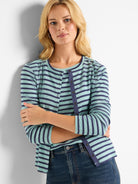 Teal and navy blue striped cardigan, snap front closure.  Long sleeves.