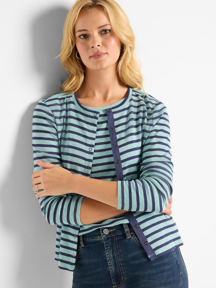 Teal and navy blue striped cardigan, snap front closure.  Long sleeves.
