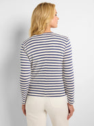 Image of a cream and navy blue horizontally striped cardigan with long sleeves, shown from the back.