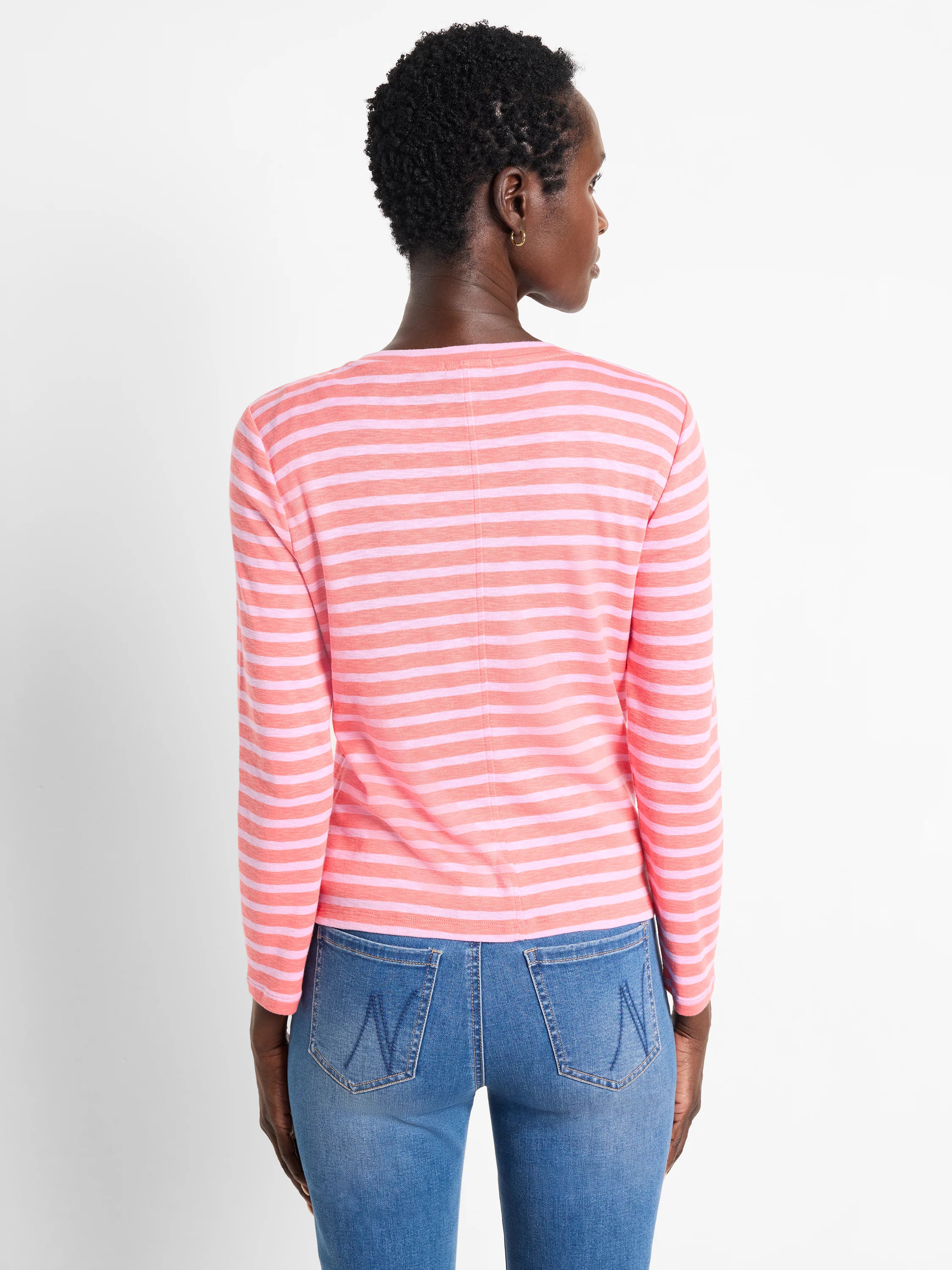 Pink and light pink horizontal striped long-sleeve cardigan, snap front.