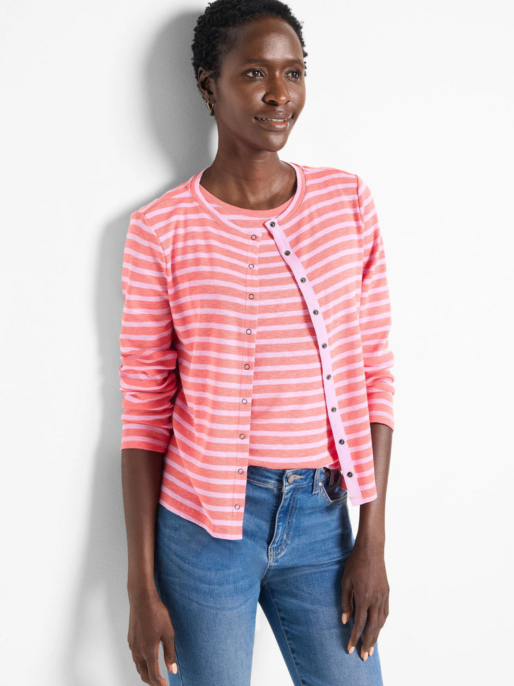 Pink and light pink striped cardigan, snap front closure, long sleeves.