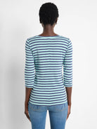 Back of aqua and navy striped 3/4 sleeve boat neck tee with center back seam.