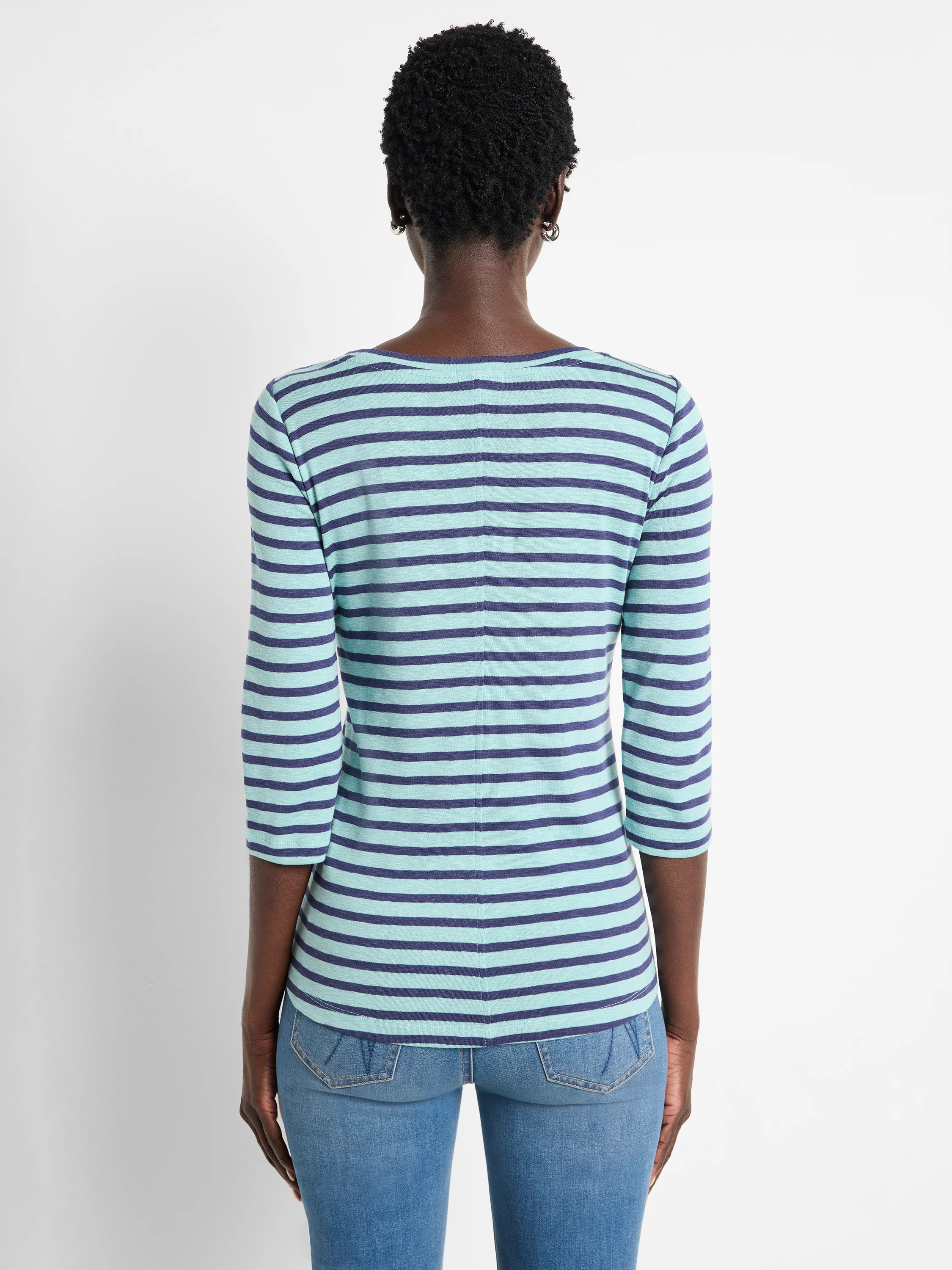 Back of aqua and navy striped 3/4 sleeve boat neck tee with center back seam.