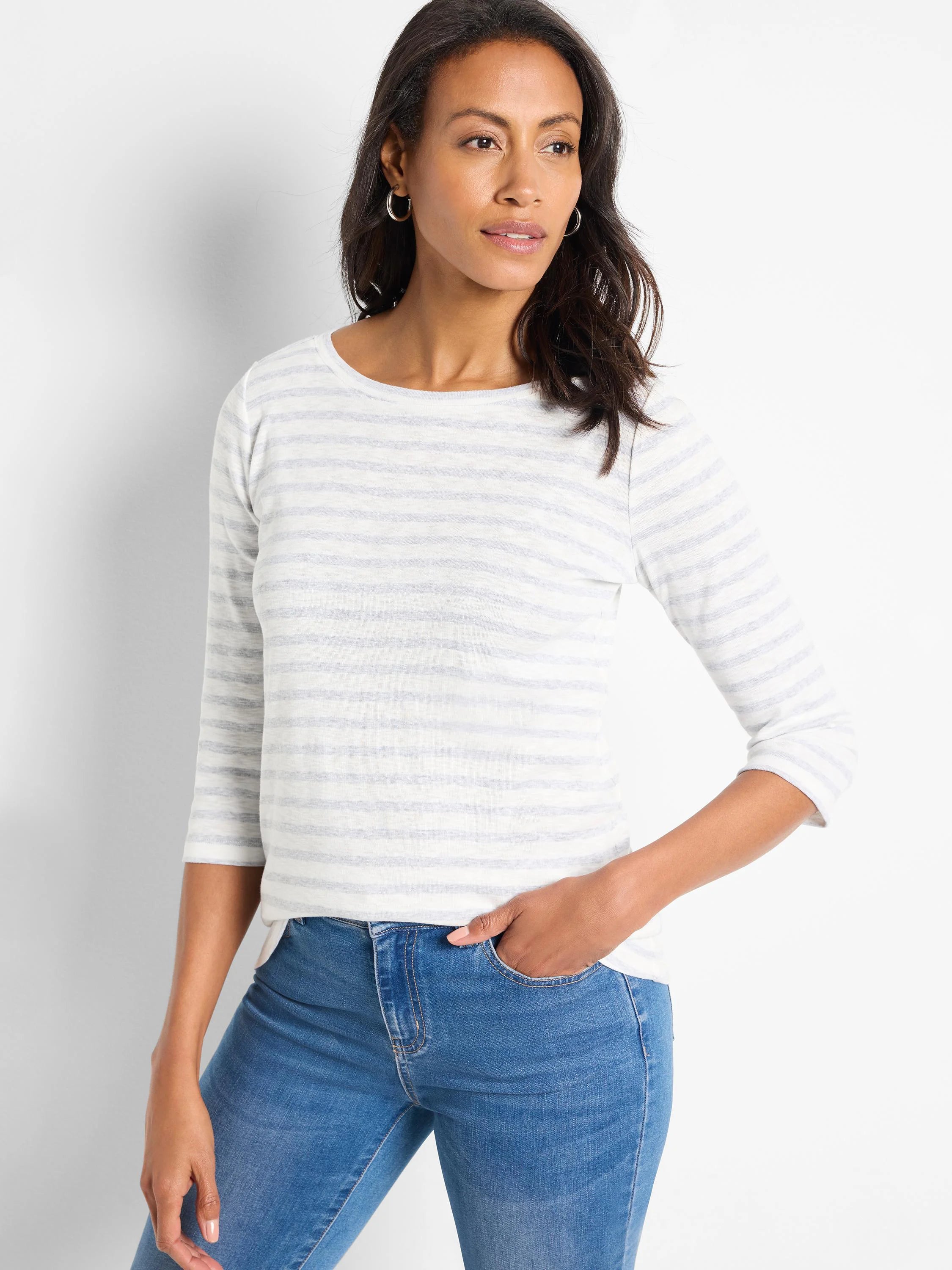 Pale heathered 3/4 sleeve boat neck tee with light grey horizontal stripes.