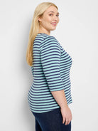 Horizontal aqua and navy striped 3/4 sleeve boat neck tee.