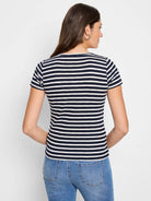 Navy blue and white horizontal striped short-sleeve crew neck t-shirt.  Rear view.