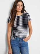 Navy blue and white horizontal striped short-sleeve crew neck t-shirt.