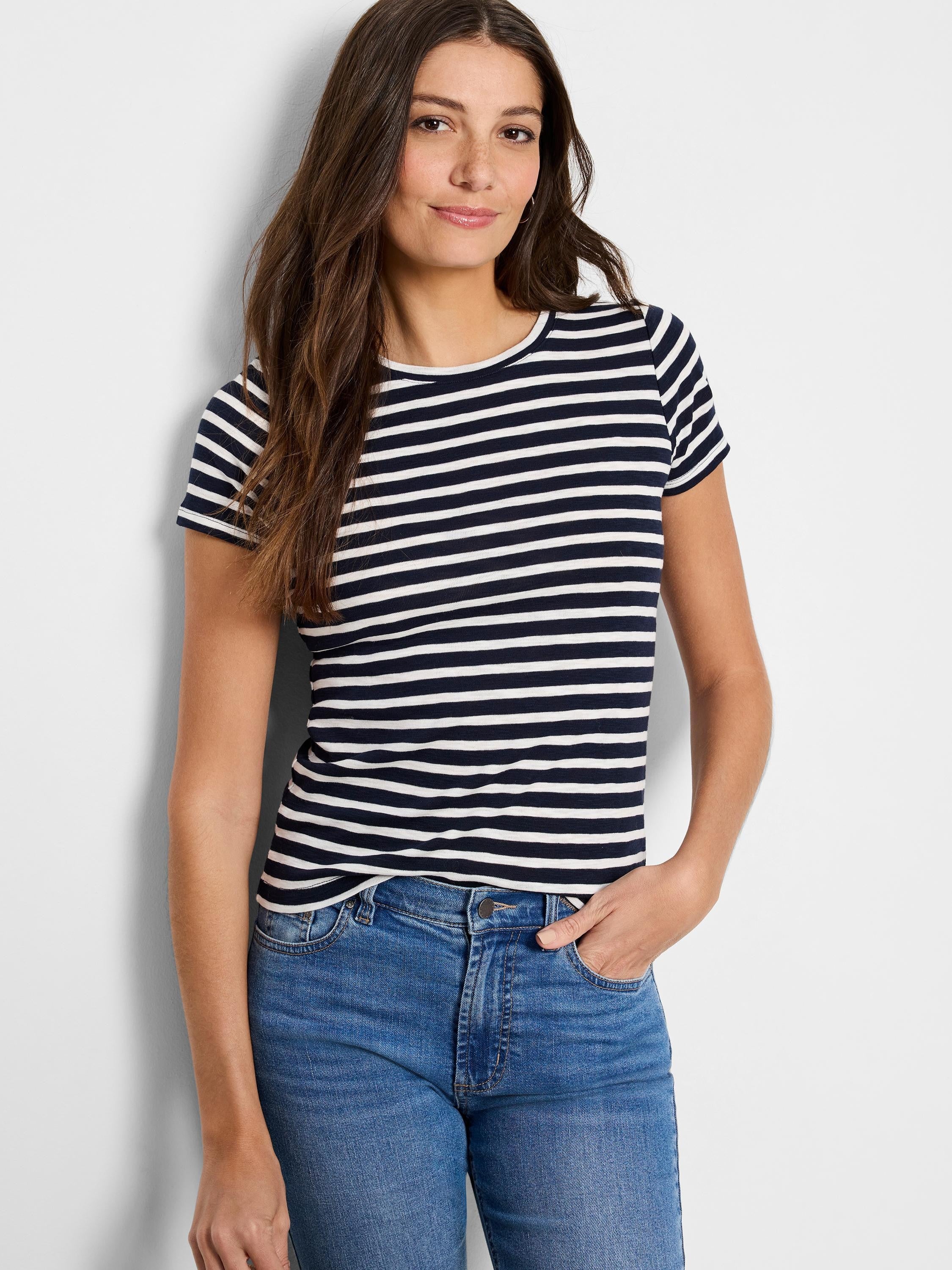 Navy blue and white horizontal striped short-sleeve crew neck t-shirt.