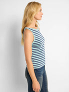Here's alt text for the image, under 125 characters:

"Blue and teal striped boatneck sleeveless top.  Side profile view.