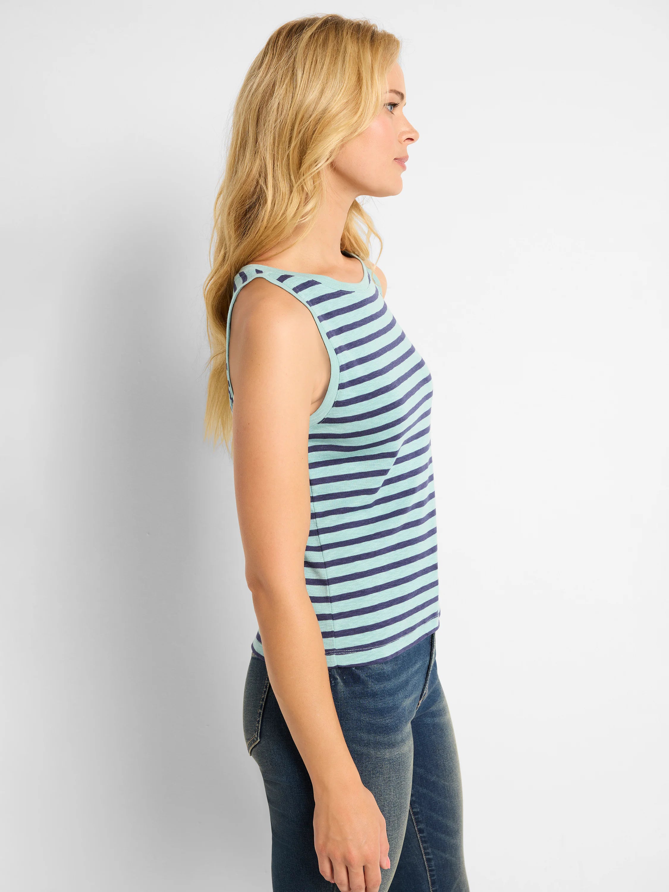 Here's alt text for the image, under 125 characters:

"Blue and teal striped boatneck sleeveless top.  Side profile view.