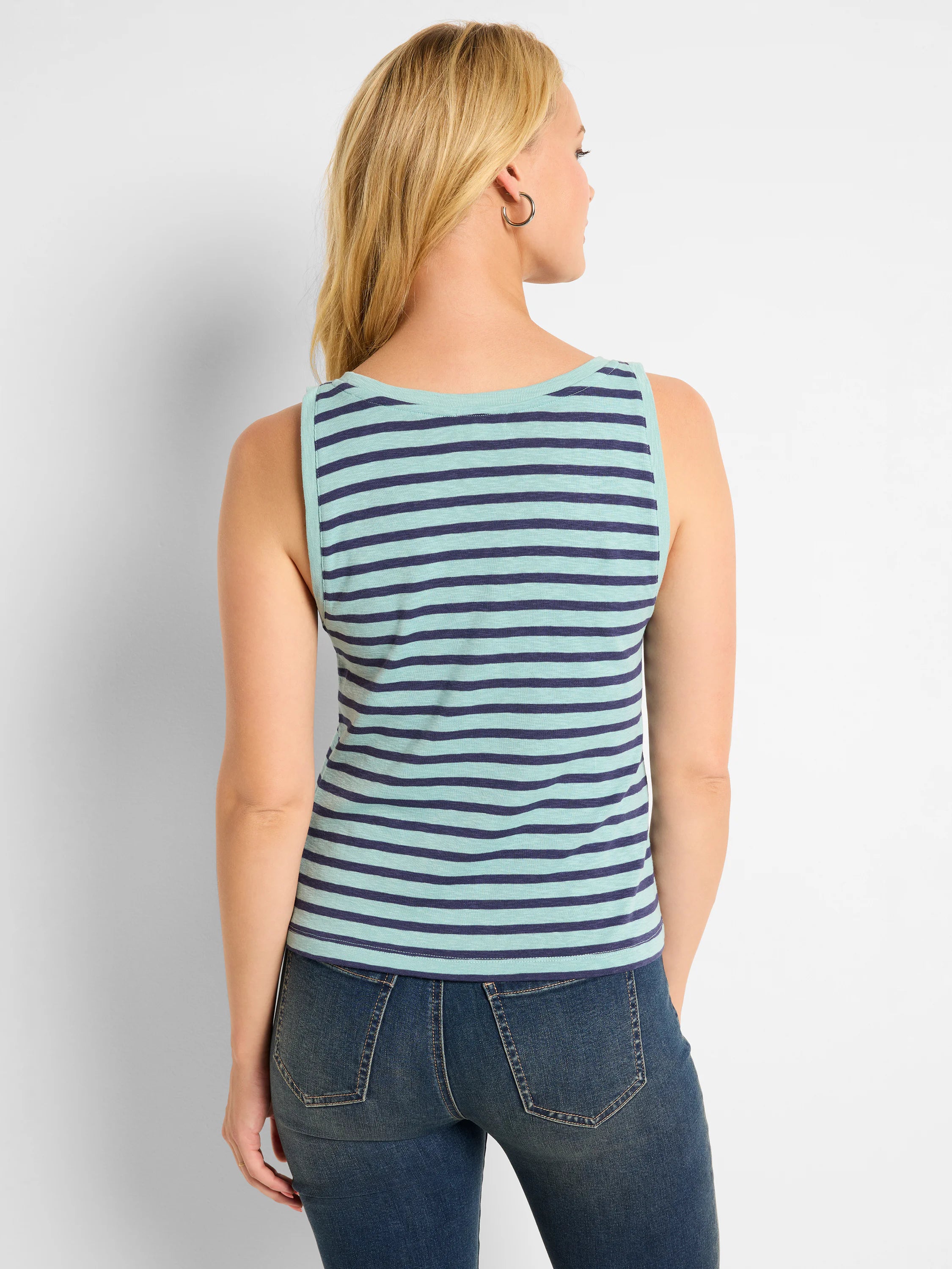 Here's alt text under 125 characters:

"Mint green and navy blue horizontally striped boat neck tank top. Sleeveless.