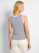 Cream sleeveless top with navy blue horizontal stripes.  Back view.