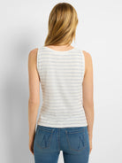Here's alt text that meets the requirements:

"Back view of sleeveless, white tank top with thin, light blue stripes.