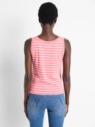 Pink and white striped sleeveless shirt;  back view.