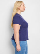 Dark blue, lace-knit t-shirt with short sleeves and scalloped hem.