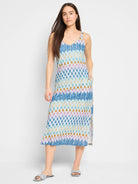 Mid-length sleeveless V-neck dress with side slits.  Blue, beige, orange, and pink checkered pattern.