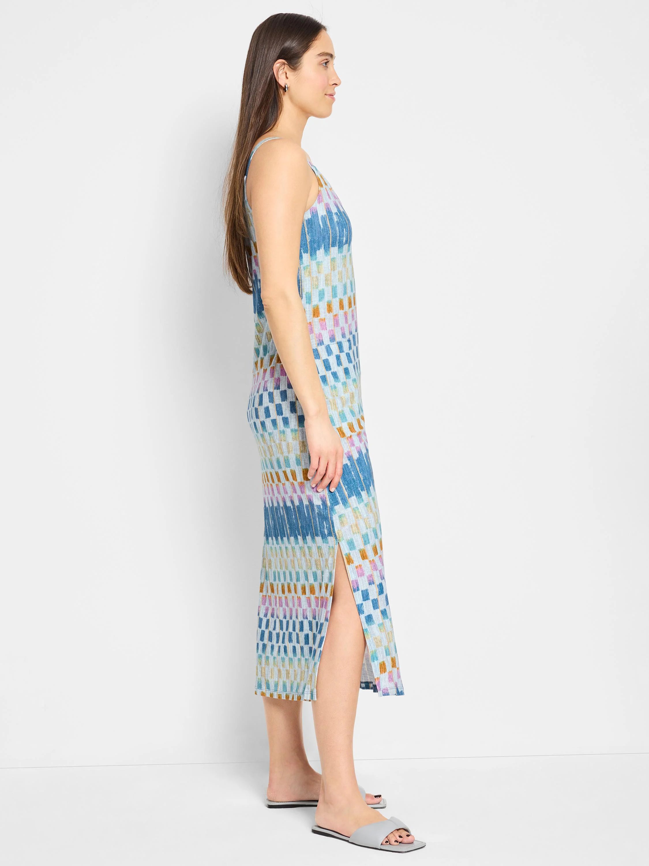 Mid-length V-neck tank dress with a blue, orange, and pink checkered pattern.  Side slit.