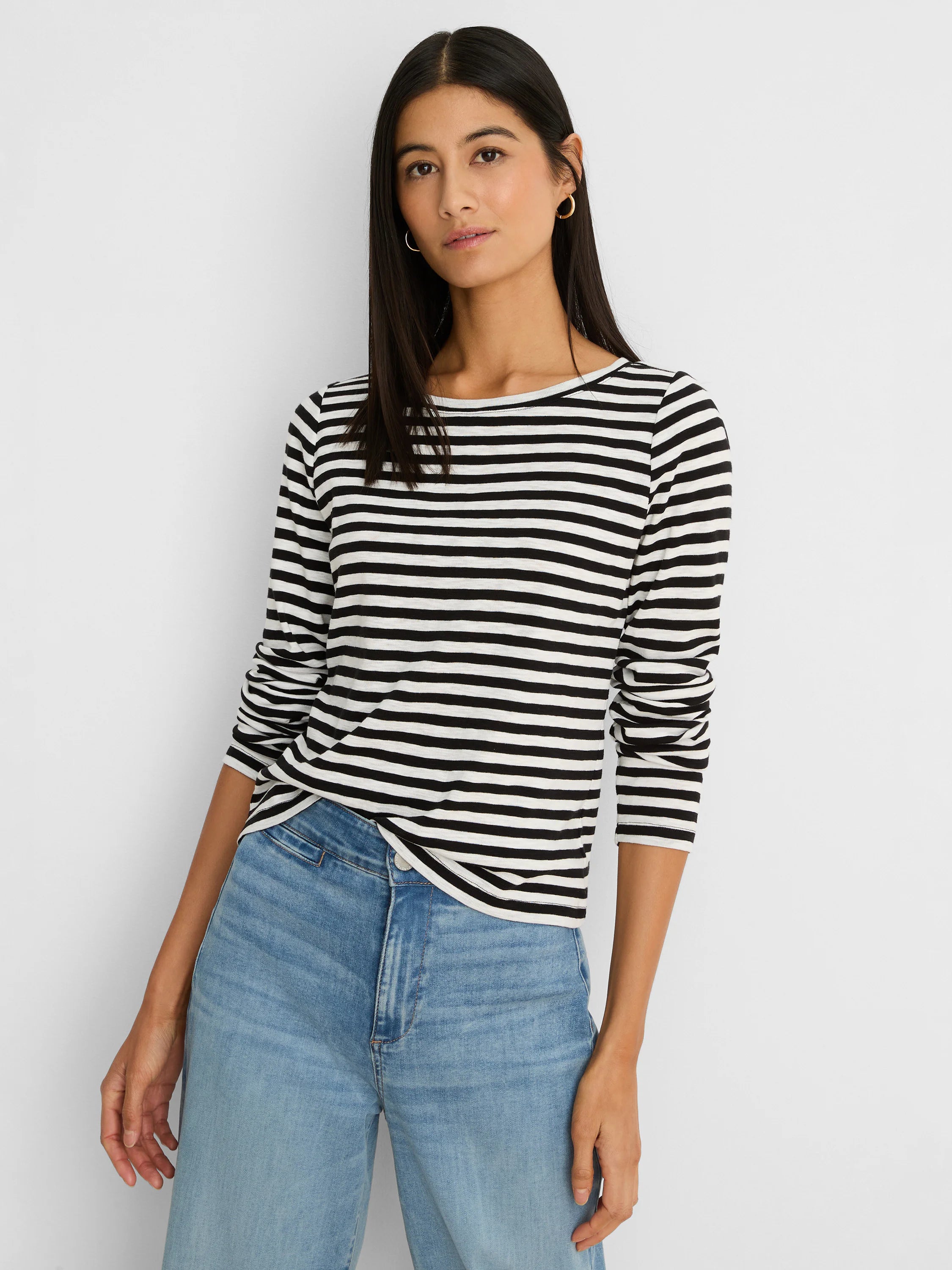 Black & white striped long-sleeve boat neck tee with ribbed fabric.