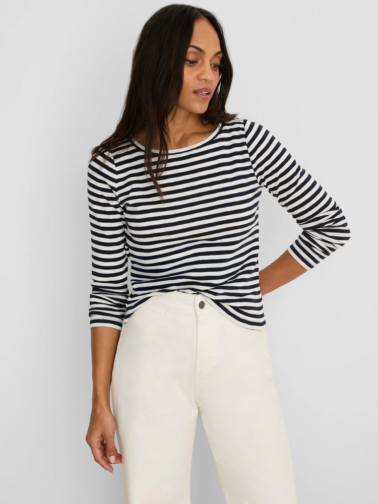 Navy and white horizontal stripe long-sleeve boat neck tee.