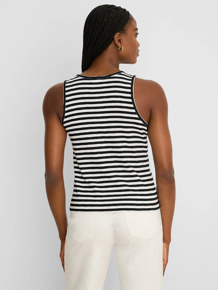 Model's back wearing a black and off-white horizontally striped rib-knit tank top.
