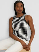 Black and off-white horizontally striped rib tank top with a round neck.