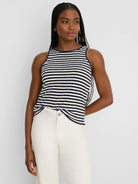 Sleeveless tank with horizontal navy blue and off-white stripes.