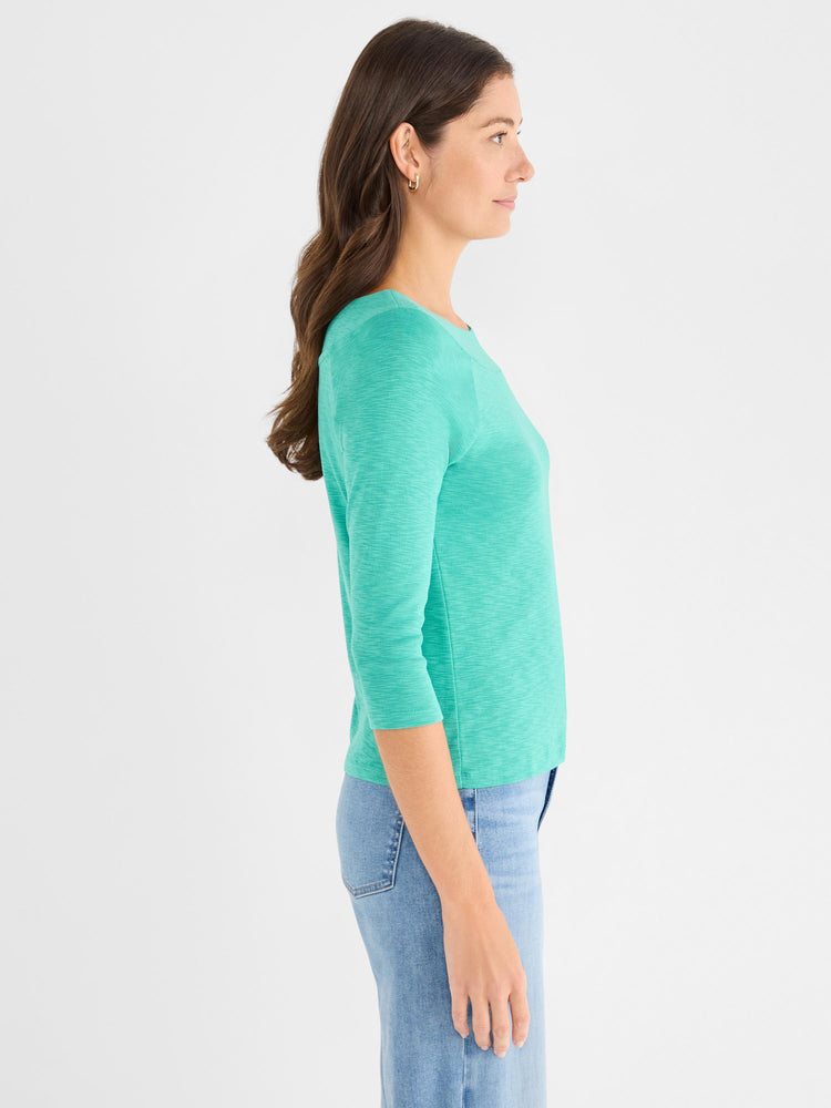 This fitted heathered aqua top features a wide neck and casual three-quarter raglan sleeves.