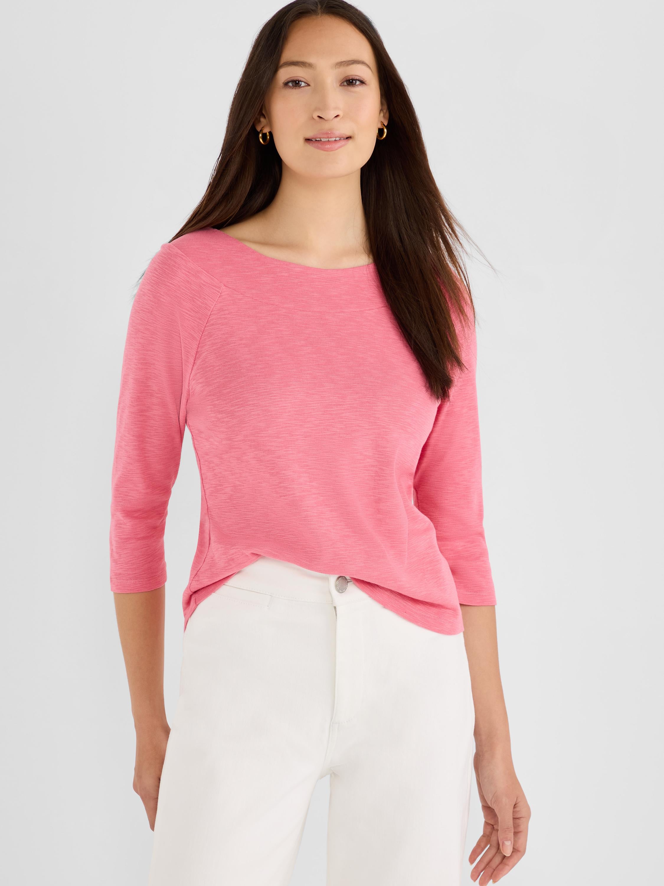 Pink heathered knit top with a boat neck and three-quarter sleeves, styled in a relaxed fit.