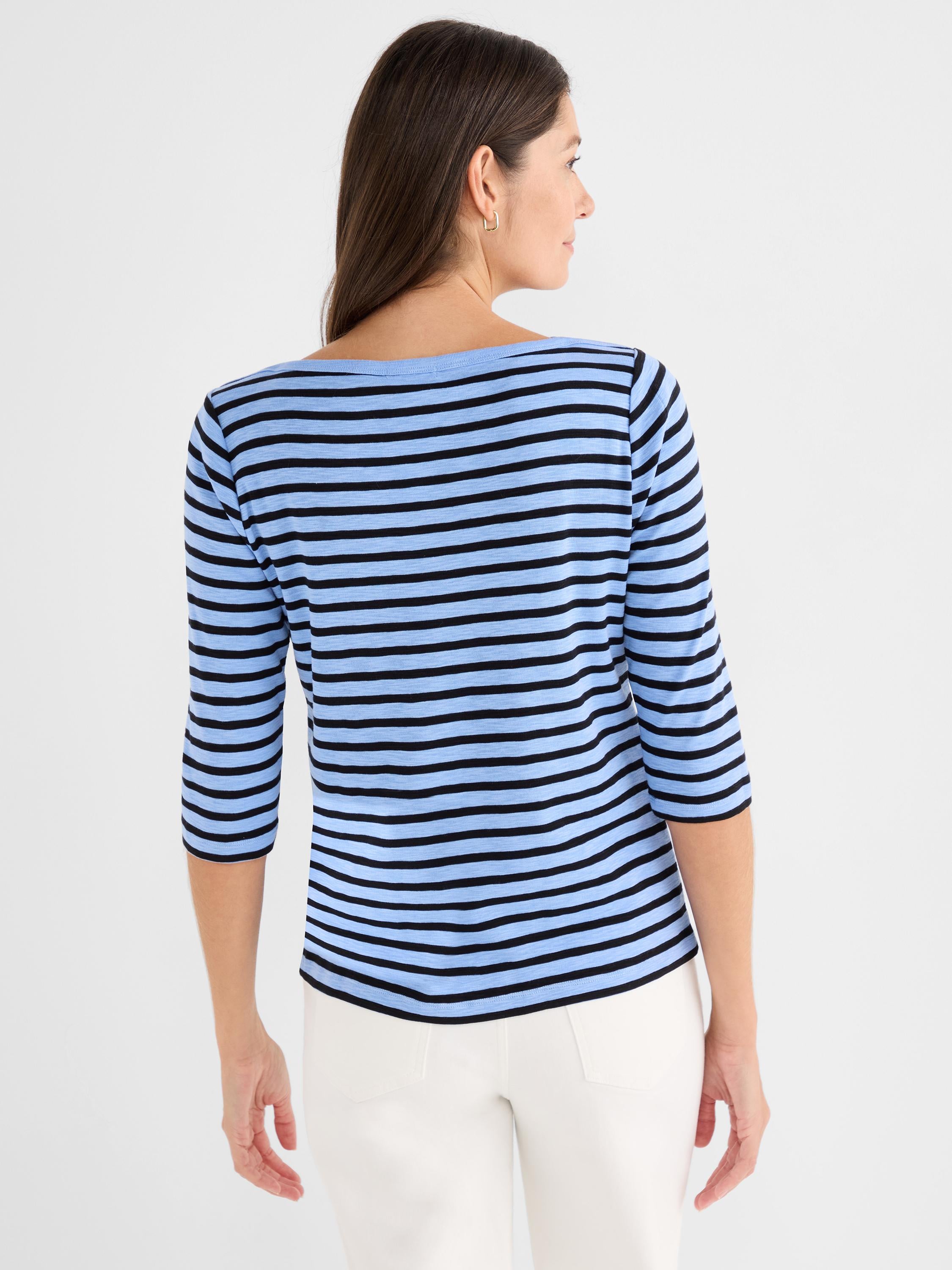 This blue and black striped knit top has a slim fit, 3/4 sleeves, and a classic boat neckline.
