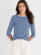 Fitted light blue and black striped knit top with three-quarter sleeves and a classic boat neckline.