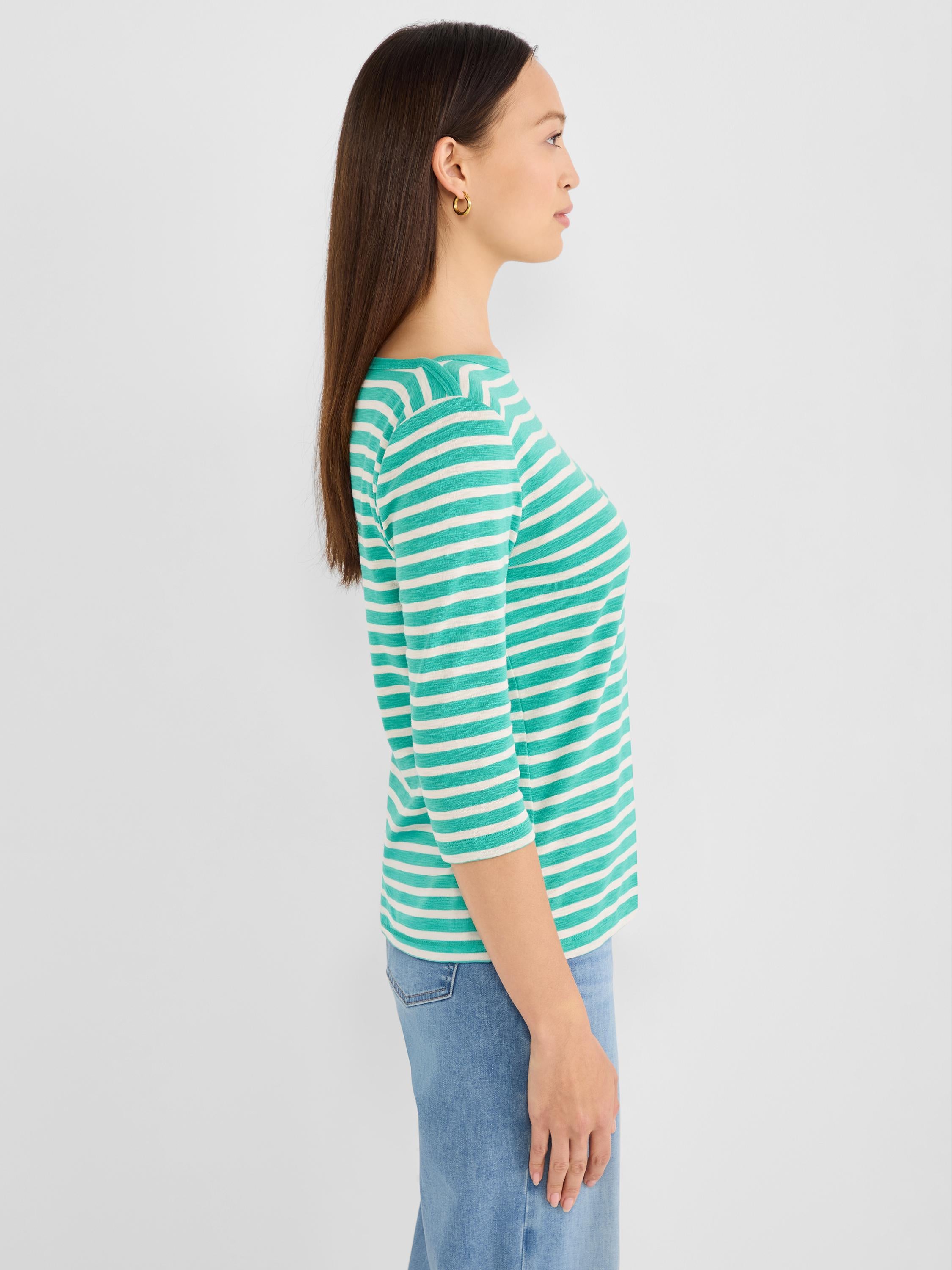 A model wears a fitted teal and white striped tee with 3/4 sleeves and a wide boat neck.