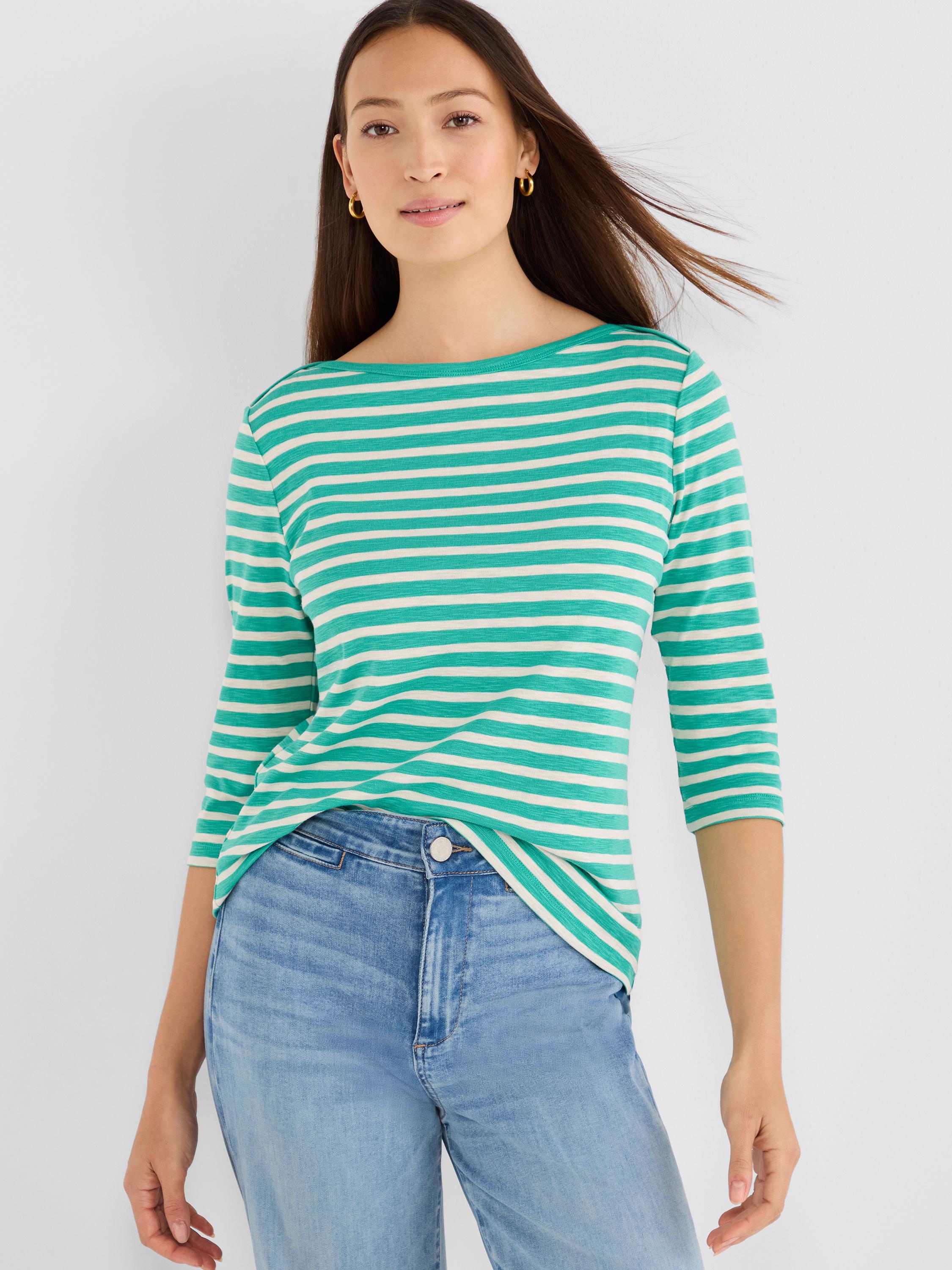 A relaxed fit, teal and cream striped knit top featuring a boat neck and three-quarter sleeves.