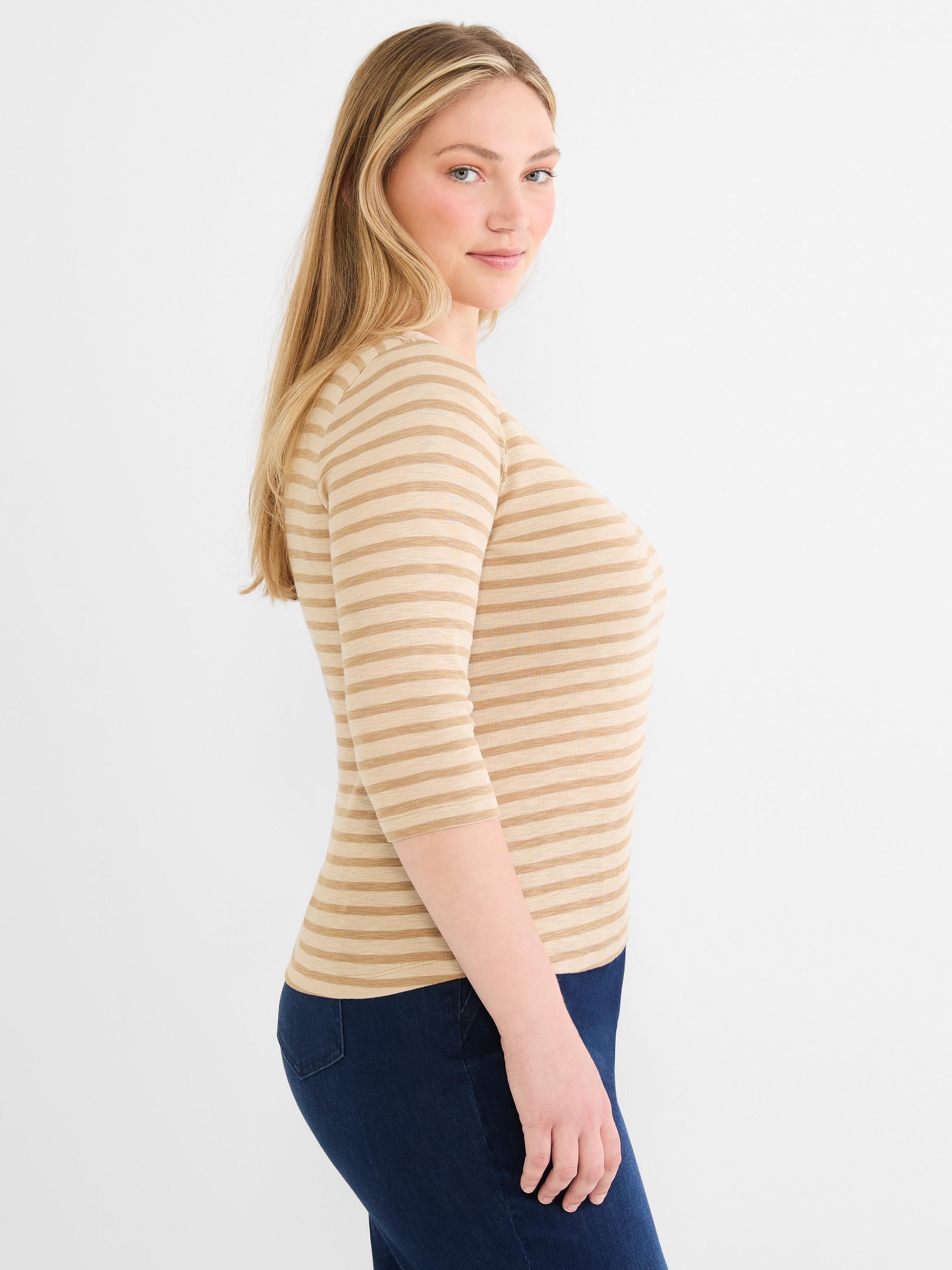 Slim beige and tan striped knit top with three-quarter length sleeves.