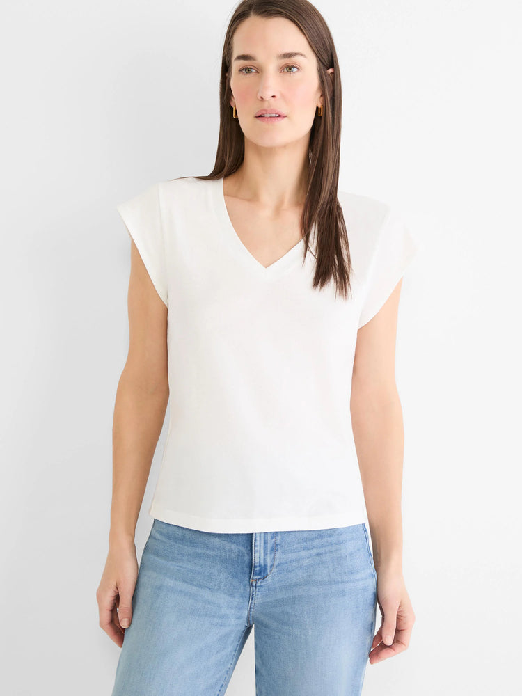 White cap sleeve V-neck tee, shown on model.