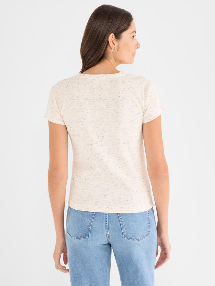 Fitted, ribbed cream short-sleeve T-shirt featuring a subtle multicolored speckled marled pattern.