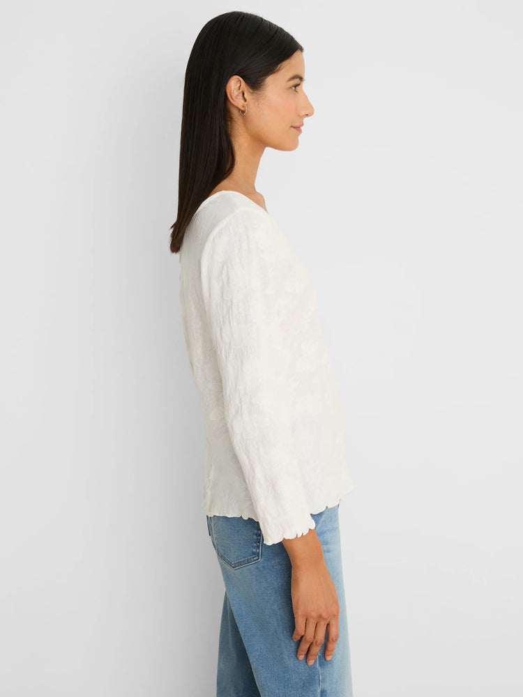 Off-white lace knit 3/4 sleeve top with scoop neck and scalloped hem, worn by a model.