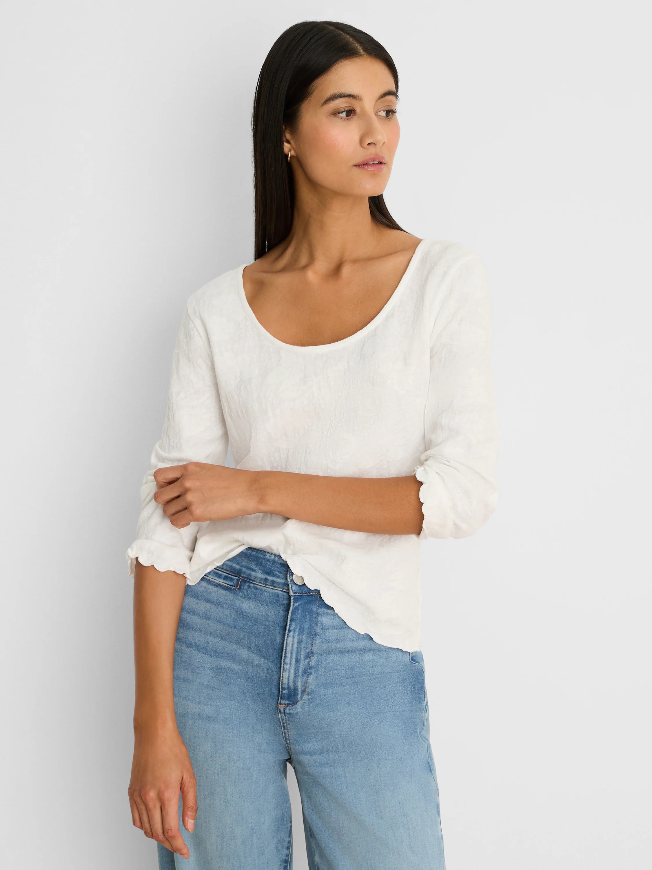 Off-white 3/4 sleeve scoop neck lace knit tee with subtle texture and scalloped cuffs/hem worn by model.
