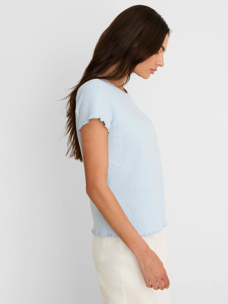 Light blue lace knit t-shirt with short ruffled sleeves and hem.